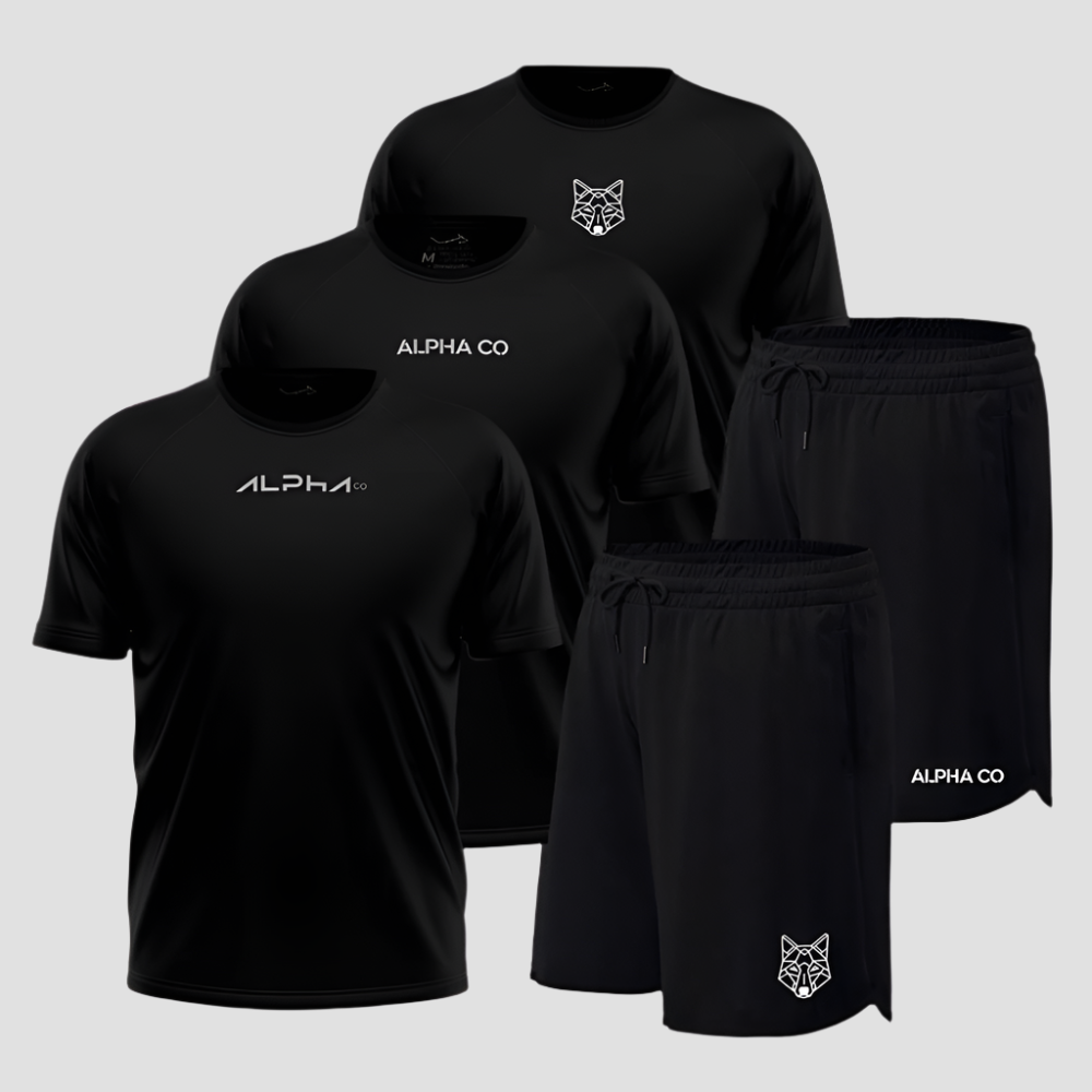 Kit 3 Camisetas Dry Fit Preto + 2 Bermudas Pretas